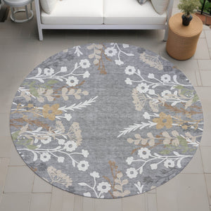 HomeRoots 8' Gray Ivory and Beige Round Floral Area Rug - Durable, Washable, Perfect for Indoor & Outdoor Use 659876