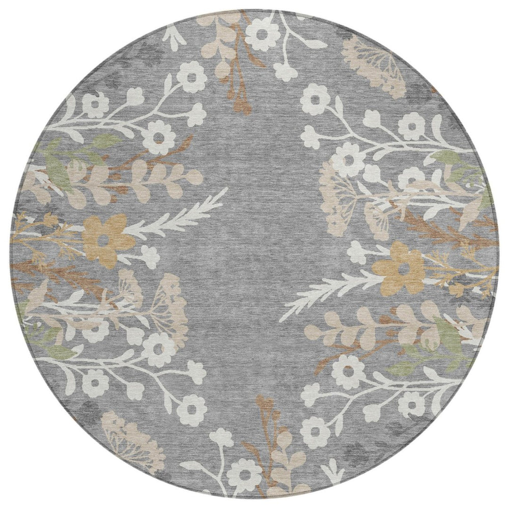HomeRoots 8' Gray Ivory and Beige Round Floral Area Rug - Durable, Washable, Perfect for Indoor & Outdoor Use 659876