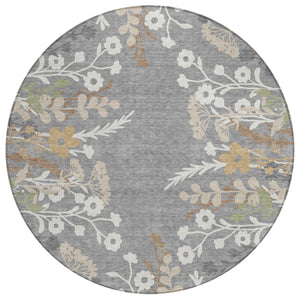 HomeRoots 8' Gray Ivory and Beige Round Floral Area Rug - Durable, Washable, Perfect for Indoor & Outdoor Use 659876