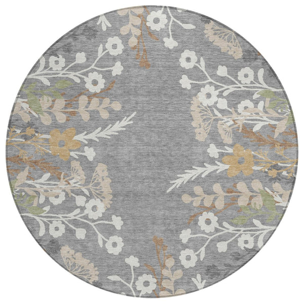 HomeRoots 8' Gray Ivory and Beige Round Floral Area Rug - Durable, Washable, Perfect for Indoor & Outdoor Use 659876