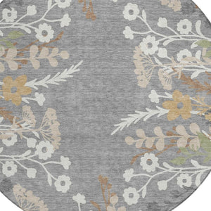 HomeRoots 8' Gray Ivory and Beige Round Floral Area Rug - Durable, Washable, Perfect for Indoor & Outdoor Use 659876