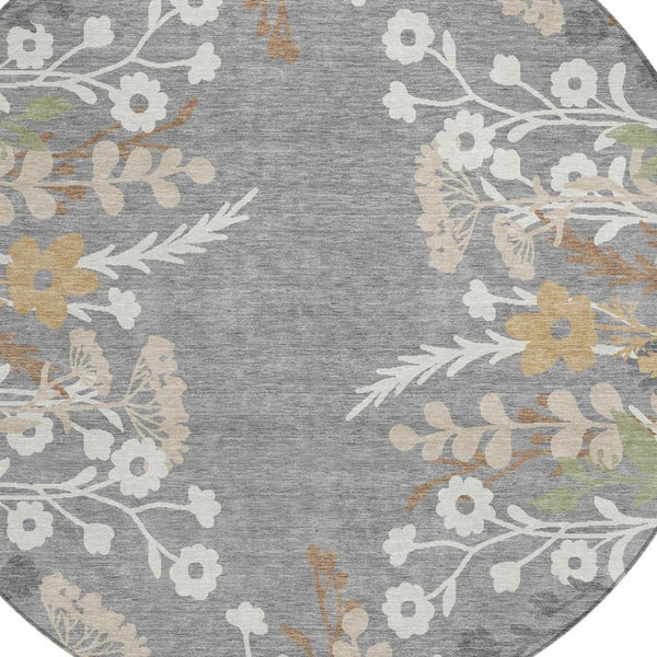 HomeRoots 8' Gray Ivory and Beige Round Floral Area Rug - Durable, Washable, Perfect for Indoor & Outdoor Use 659876