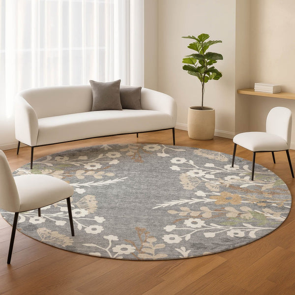HomeRoots 8' Gray Ivory and Beige Round Floral Area Rug - Durable, Washable, Perfect for Indoor & Outdoor Use 659876