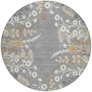 HomeRoots 8' Gray Ivory and Beige Round Floral Area Rug - Durable, Washable, Perfect for Indoor & Outdoor Use 659876