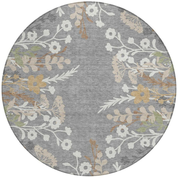HomeRoots 8' Gray Ivory and Beige Round Floral Area Rug - Durable, Washable, Perfect for Indoor & Outdoor Use 659876