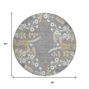 HomeRoots 8' Gray Ivory and Beige Round Floral Area Rug - Durable, Washable, Perfect for Indoor & Outdoor Use 659876