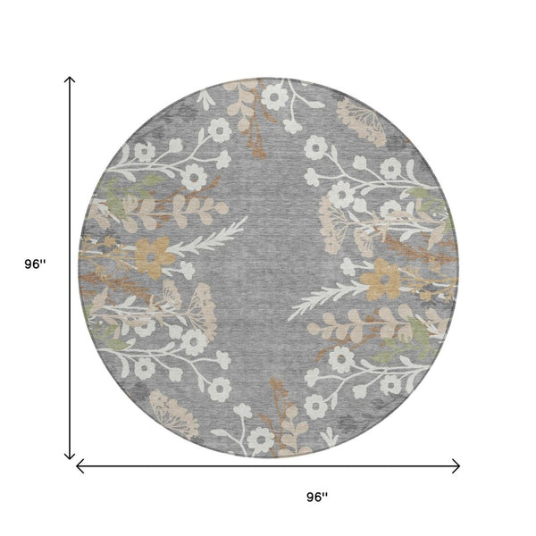 HomeRoots 8' Gray Ivory and Beige Round Floral Area Rug - Durable, Washable, Perfect for Indoor & Outdoor Use 659876