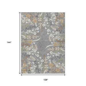 HomeRoots 9' X 12' Elegant Gray Ivory Beige Floral Washable Area Rug for Indoor & Outdoor Living Spaces 659878