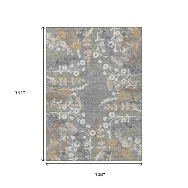 HomeRoots 9' X 12' Elegant Gray Ivory Beige Floral Washable Area Rug for Indoor & Outdoor Living Spaces 659878