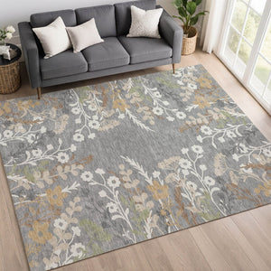 HomeRoots 9' X 12' Elegant Gray Ivory Beige Floral Washable Area Rug for Indoor & Outdoor Living Spaces 659878