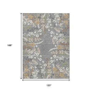 HomeRoots 10' Floral Washable Area Rug in Gray Ivory & Beige – Durable Indoor/Outdoor Design for High Traffic Areas 659879