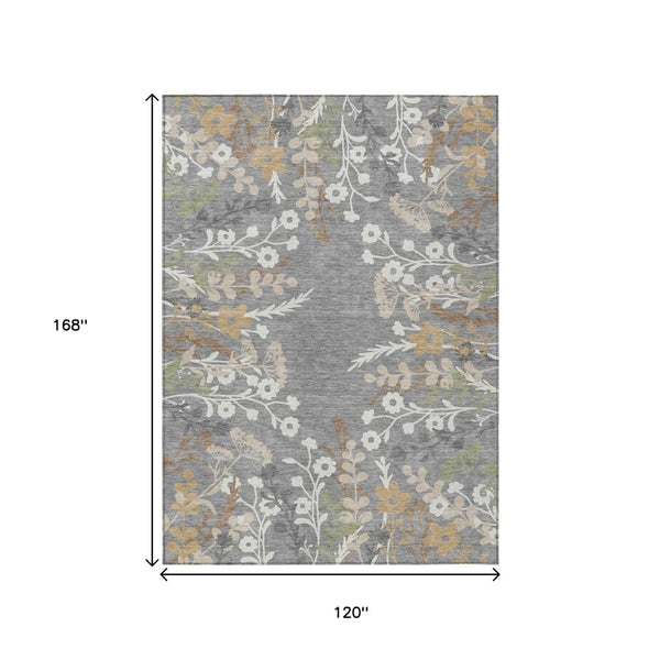 HomeRoots 10' Floral Washable Area Rug in Gray Ivory & Beige – Durable Indoor/Outdoor Design for High Traffic Areas 659879