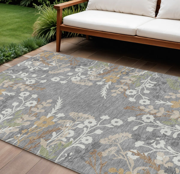 HomeRoots 10' Floral Washable Area Rug in Gray Ivory & Beige – Durable Indoor/Outdoor Design for High Traffic Areas 659879
