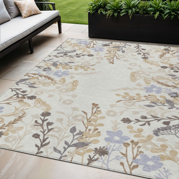 HomeRoots 5' X 8' Floral Ivory Khaki Gray Washable Rug – Durable Indoor Outdoor Area Rug for High Traffic Spaces 659881