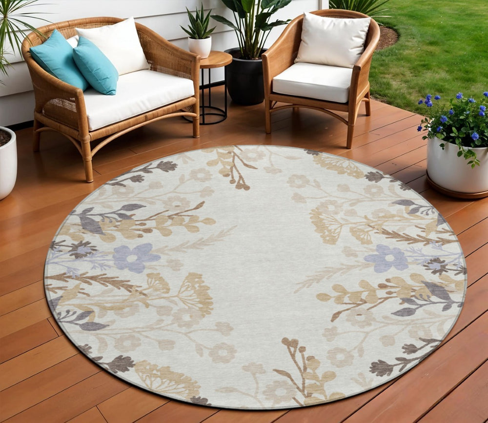 HomeRoots 8' Stylish Ivory Khaki & Gray Round Floral Washable Area Rug for Indoor/Outdoor Spaces, Durable & Easy Care 659882