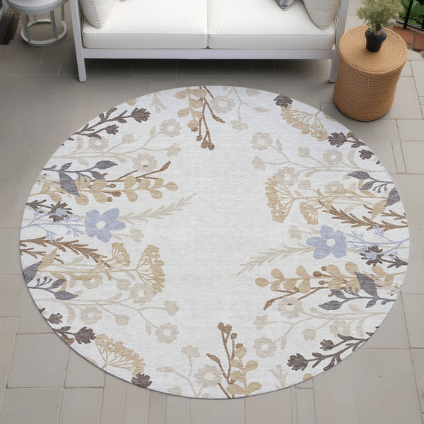 HomeRoots 8' Stylish Ivory Khaki & Gray Round Floral Washable Area Rug for Indoor/Outdoor Spaces, Durable & Easy Care 659882
