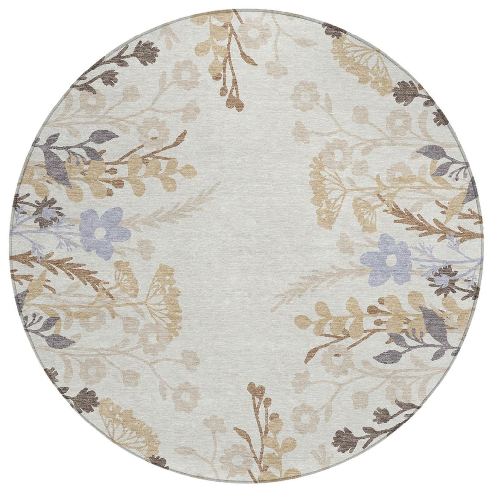 HomeRoots 8' Stylish Ivory Khaki & Gray Round Floral Washable Area Rug for Indoor/Outdoor Spaces, Durable & Easy Care 659882