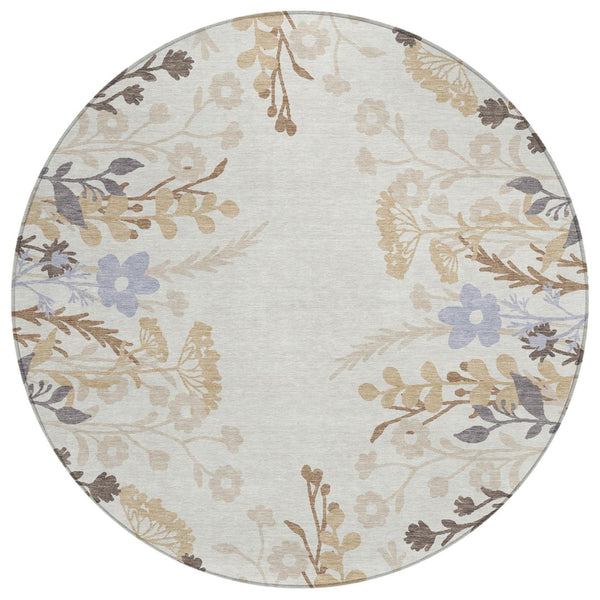 HomeRoots 8' Stylish Ivory Khaki & Gray Round Floral Washable Area Rug for Indoor/Outdoor Spaces, Durable & Easy Care 659882