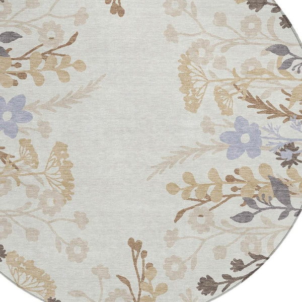 HomeRoots 8' Stylish Ivory Khaki & Gray Round Floral Washable Area Rug for Indoor/Outdoor Spaces, Durable & Easy Care 659882