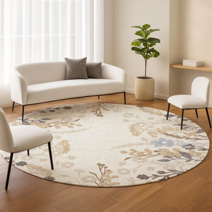 HomeRoots 8' Stylish Ivory Khaki & Gray Round Floral Washable Area Rug for Indoor/Outdoor Spaces, Durable & Easy Care 659882