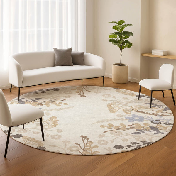HomeRoots 8' Stylish Ivory Khaki & Gray Round Floral Washable Area Rug for Indoor/Outdoor Spaces, Durable & Easy Care 659882