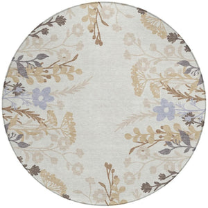 HomeRoots 8' Stylish Ivory Khaki & Gray Round Floral Washable Area Rug for Indoor/Outdoor Spaces, Durable & Easy Care 659882