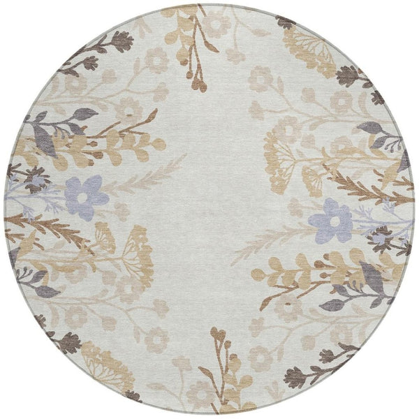 HomeRoots 8' Stylish Ivory Khaki & Gray Round Floral Washable Area Rug for Indoor/Outdoor Spaces, Durable & Easy Care 659882