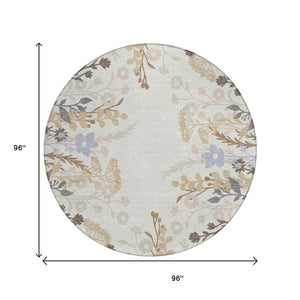 HomeRoots 8' Stylish Ivory Khaki & Gray Round Floral Washable Area Rug for Indoor/Outdoor Spaces, Durable & Easy Care 659882