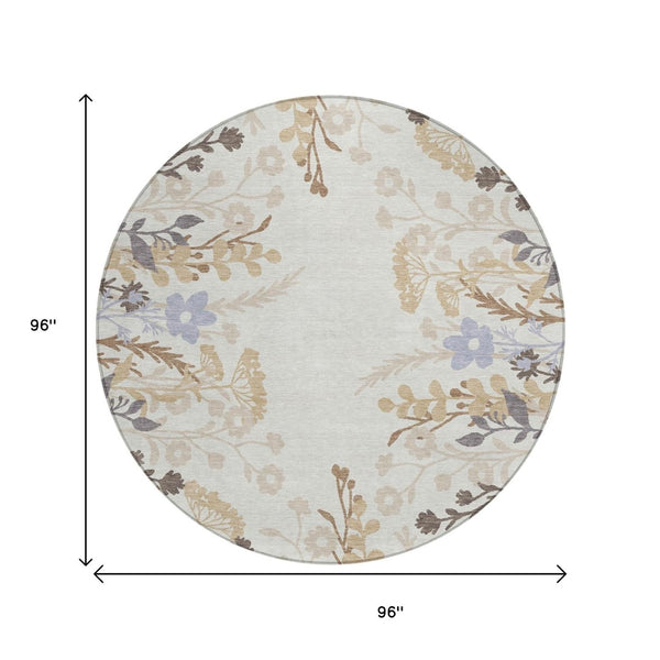HomeRoots 8' Stylish Ivory Khaki & Gray Round Floral Washable Area Rug for Indoor/Outdoor Spaces, Durable & Easy Care 659882