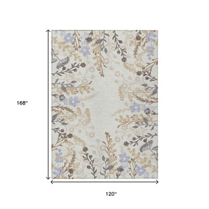 HomeRoots 10' X 14' Stunning Ivory Khaki Gray Floral Washable Area Rug for Indoor & Outdoor Spaces 659885