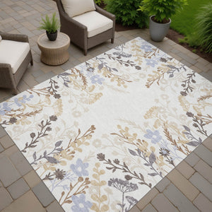 HomeRoots 10' X 14' Stunning Ivory Khaki Gray Floral Washable Area Rug for Indoor & Outdoor Spaces 659885