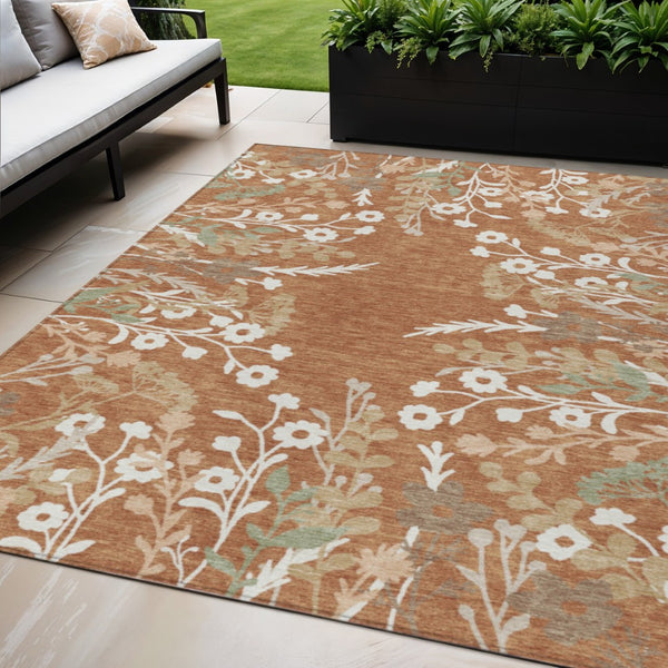 HomeRoots 5' X 8' Chili Red Floral Indoor Outdoor Area Rug - Washable, Durable & Perfect for High-Traffic Spaces 659887