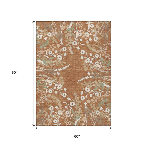 HomeRoots 5' X 8' Chili Red Floral Indoor Outdoor Area Rug - Washable, Durable & Perfect for High-Traffic Spaces 659887