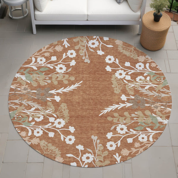 HomeRoots 8' Vibrant Chili Red Floral Round Area Rug - Washable, Indoor/Outdoor, Stain-Resistant, Durable Design 659888