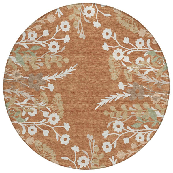 HomeRoots 8' Vibrant Chili Red Floral Round Area Rug - Washable, Indoor/Outdoor, Stain-Resistant, Durable Design 659888