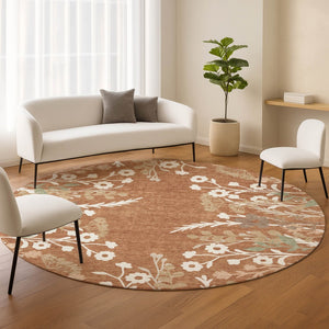 HomeRoots 8' Vibrant Chili Red Floral Round Area Rug - Washable, Indoor/Outdoor, Stain-Resistant, Durable Design 659888