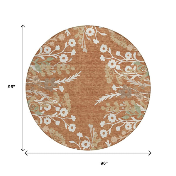 HomeRoots 8' Vibrant Chili Red Floral Round Area Rug - Washable, Indoor/Outdoor, Stain-Resistant, Durable Design 659888