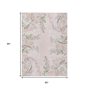 HomeRoots 5' X 8' Elegant Pink Ivory Gray Floral Area Rug - Washable, Durable for Indoor & Outdoor Spaces! 659893