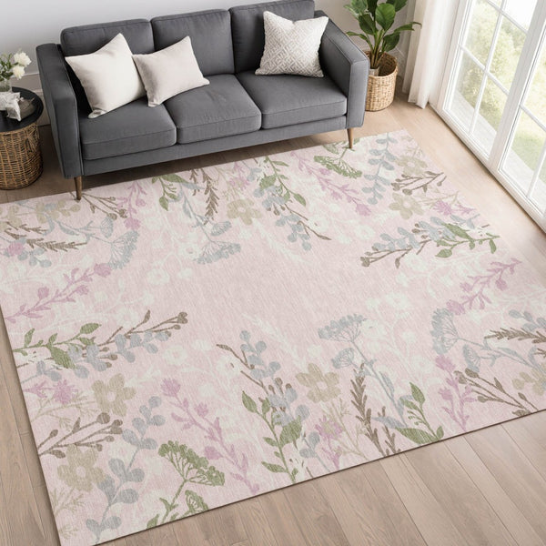 HomeRoots 8' X 10' Pink Ivory Gray Floral Area Rug - Washable, Durable, Perfect for Indoor & Outdoor Spaces! 659895