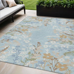 HomeRoots 5' Sky Blue, Ivory & Brown Floral Washable Area Rug - Durable Indoor/Outdoor Style for Any Space 659899