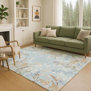 HomeRoots 5' Sky Blue, Ivory & Brown Floral Washable Area Rug - Durable Indoor/Outdoor Style for Any Space 659899