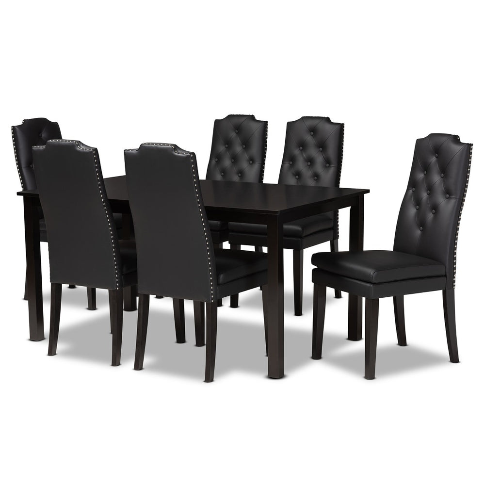 Baxton Studio Baxton Dylin 7-Piece Dining Set: Modern Black Faux Leather Chairs & Elegant Dark Brown Table Design BBT5158-Black/Dark Brown-7PC Dining Set