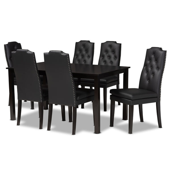 Baxton Studio Baxton Dylin 7-Piece Dining Set: Modern Black Faux Leather Chairs & Elegant Dark Brown Table Design BBT5158-Black/Dark Brown-7PC Dining Set