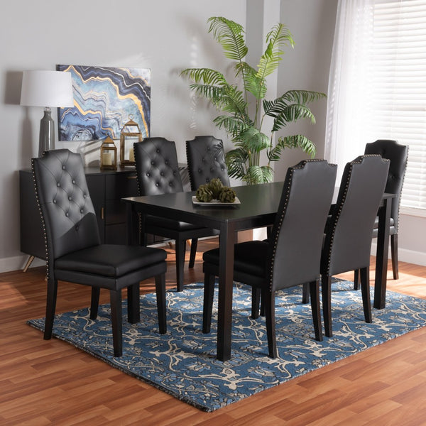 Baxton Studio Baxton Dylin 7-Piece Dining Set: Modern Black Faux Leather Chairs & Elegant Dark Brown Table Design BBT5158-Black/Dark Brown-7PC Dining Set