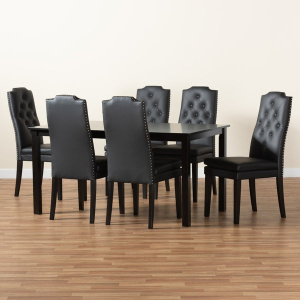 Baxton Studio Baxton Dylin 7-Piece Dining Set: Modern Black Faux Leather Chairs & Elegant Dark Brown Table Design BBT5158-Black/Dark Brown-7PC Dining Set