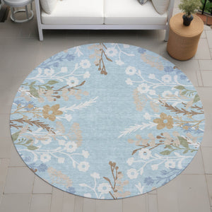 HomeRoots 8' Sky Blue Floral Round Area Rug - Washable, Durable, Indoor/Outdoor Comfort with Non-Slip Backing 659900