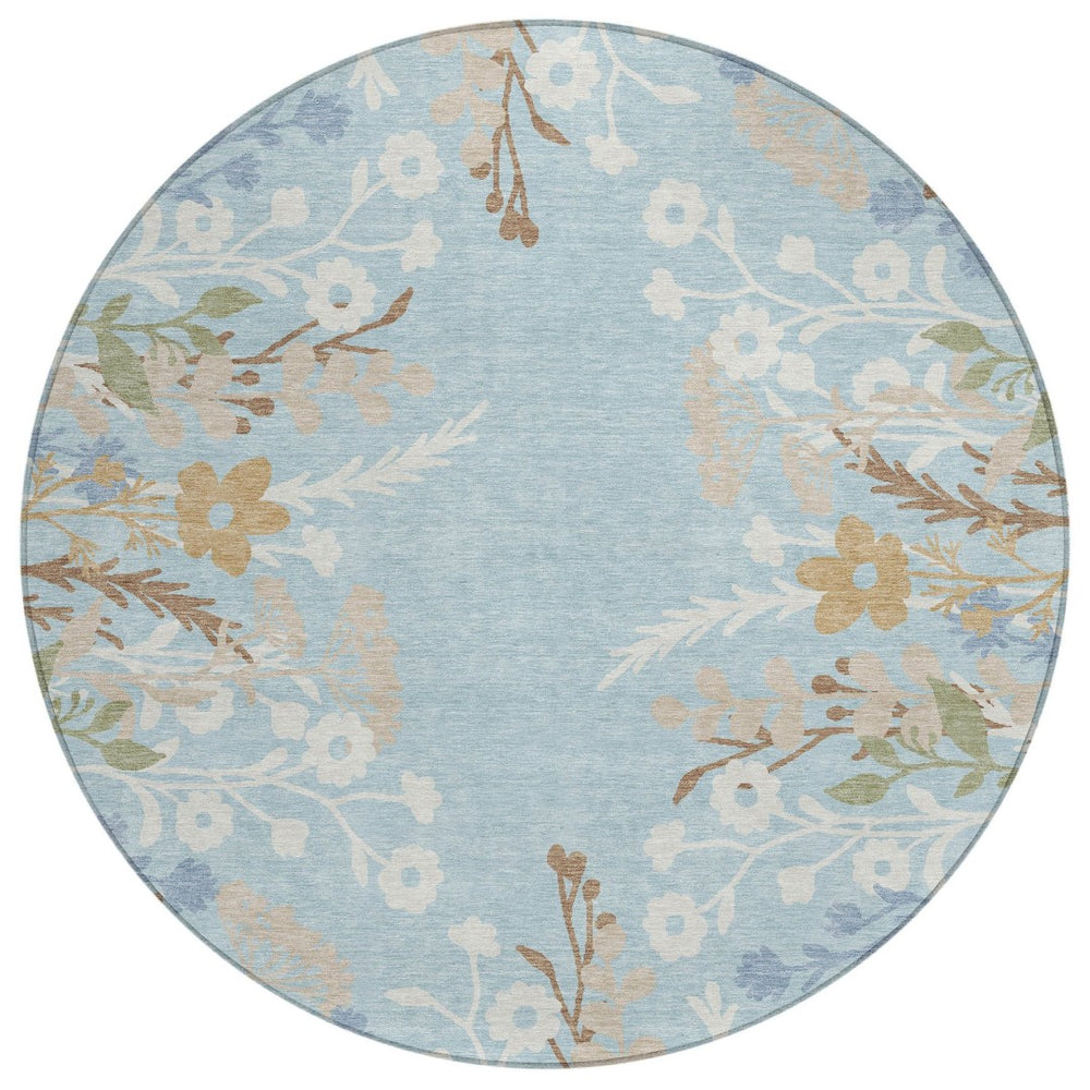 HomeRoots 8' Sky Blue Floral Round Area Rug - Washable, Durable, Indoor/Outdoor Comfort with Non-Slip Backing 659900