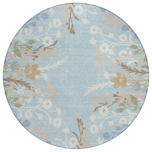 HomeRoots 8' Sky Blue Floral Round Area Rug - Washable, Durable, Indoor/Outdoor Comfort with Non-Slip Backing 659900
