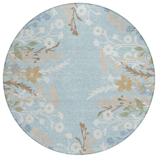 HomeRoots 8' Sky Blue Floral Round Area Rug - Washable, Durable, Indoor/Outdoor Comfort with Non-Slip Backing 659900