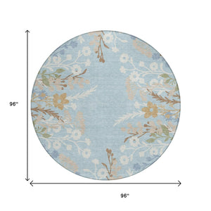 HomeRoots 8' Sky Blue Floral Round Area Rug - Washable, Durable, Indoor/Outdoor Comfort with Non-Slip Backing 659900